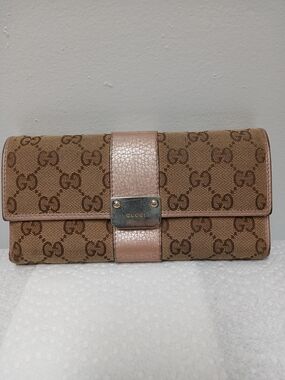Gucci Brown Monogram Continental Wallet with Pink Trim